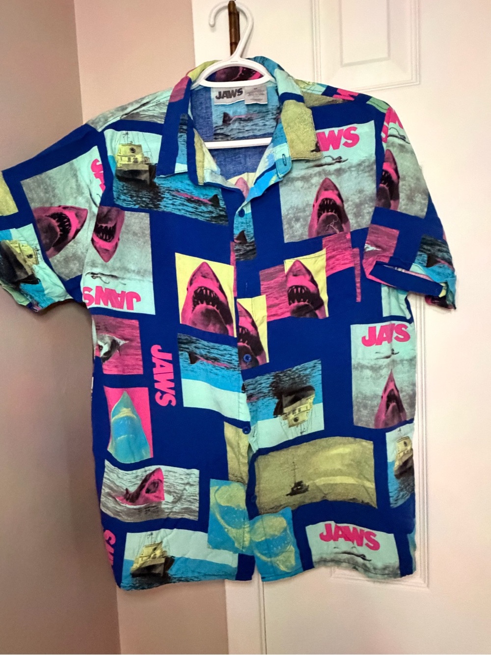 JAWS Graphic Short Sleeve Button-Down Shirt - Blue/Multi
